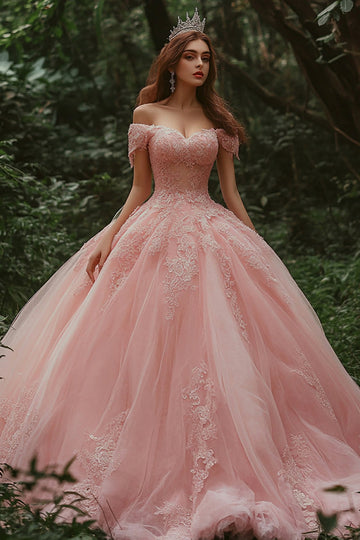 Pink Princess Tulle Ball Gown Long Quinceanera Dress with Lace